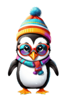 ai generato carino pinguino indossare inverno cappello e sciarpa illustrazione su trasparente sfondo png