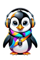 ai gerado fofa pinguim vestindo inverno chapéu e cachecol com fone de ouvido ilustração em transparente fundo png