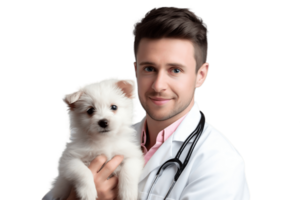 ai generato metà corpo Visualizza veterinario con bambino cane su trasparente sfondo. ai png