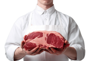 ai gegenereerd slager Holding vlees - voor de helft lichaam visie Aan transparant achtergrond. ai png