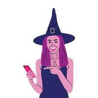 CUTE WOMEN WEARING WITCH COSTUME IS SMILING AND HOLDING A SMART PHONE vector