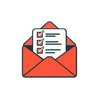 Red open envelope with checklist and checkmark. Approved document or email approval concept. Vector illustration