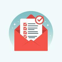 Red open envelope with checklist and checkmark. Approved document or email approval concept. Vector illustration