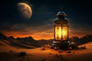 AI generated Mystical Ramadan lantern in desert. Generate AI photo