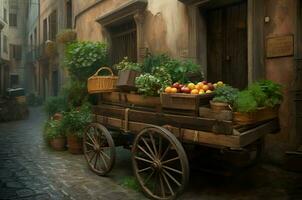 Vintage wooden cart street with greenery. Generate ai photo