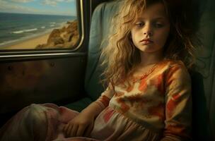 AI generated Curious Little girl trip suitcase. Generate Ai photo