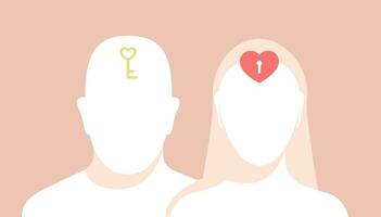 Portrait silhouette of a man and woman with a heart shape and a key inside their heads. Facing forward. Front view faceless people. Love, understanding and connection. vector