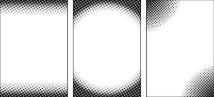 Vertical frames set with a halftone dots pattern. Simple clean manga style background frame. Monochrome dot gradient. Blanc place for text in the middle. vector