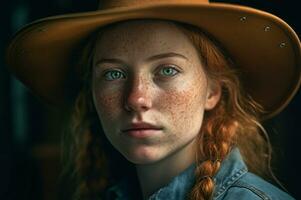 AI generated Redhead woman with freckles rugged face skin. Generate ai photo