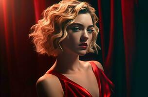 AI generated Charming blonde curly woman in red dress. Generate ai photo