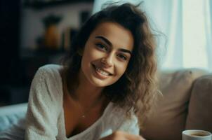 AI generated Woman relaxing sofa smiling. Generate AI photo