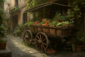 Vintage wooden cart street loaded with horticulture harvest. Generate ai photo