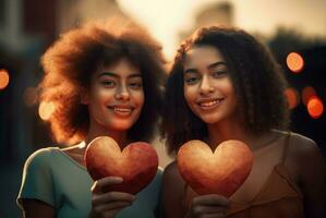 AI generated Smiling girls holding hearts shapes. Generate ai photo