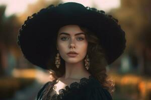 AI generated Young Hispanic lady with big traditional hat. Generate ai photo