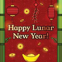 Happy lunar chinese new year vector design banner illustration isolated on square red background with bamboo, sycee, lanterns, gold coins, and firecrackers vector illustration objects.