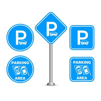 Parking signs collections. Parking area sign is a circle and square in blue color. Parking area sign icon