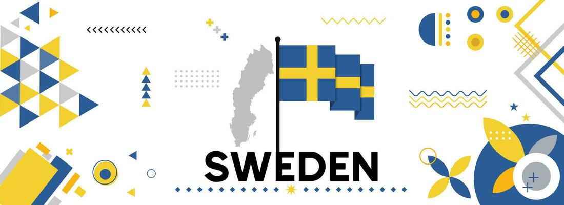 Sweden national or independence day banner for country celebration. Flag and map of Swedish with modern retro design with typorgaphy abstract geometric icons. Vector illustration.