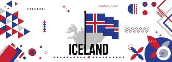 Iceland national or independence day banner for country celebration. Flag and map of Icelanders with raised fists. Modern retro design with typorgaphy abstract geometric icons. Vector illustration.