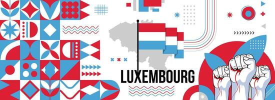 Luxembourg national or independence day banner for country celebration. Flag and map of Luxembourg with raised fists. Modern retro design with typorgaphy abstract geometric icons. Vector illustration