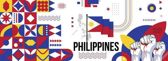 Philippines national or independence day banner for country celebration. Flag and map of Filipino with raised fists. Modern retro design with typorgaphy abstract geometric icons. Vector illustration