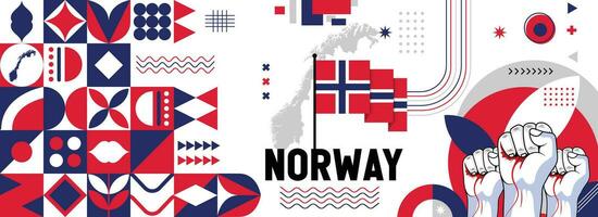 Noruega nacional o independencia día bandera para país celebracion. bandera y mapa de Noruega con elevado puños moderno retro diseño con tiporgafia resumen geométrico iconos vector ilustración