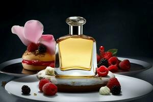 AI generated Perfume fruity dessert arrangement. Generate ai photo