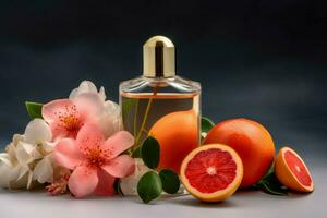 AI generated Perfume bottle with tropical fruits and blossom flowers. Generate ai photo