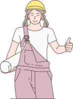 Illustration of craftswoman character, standing holding blue print and pose thumb up. Hand drawn style. png