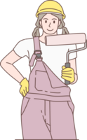 Illustration of house Painter character, standing holding paint roller. Hand drawn style. png