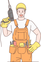 Illustration of handyman or builder character, standing and holding drill. Hand drawn style. png