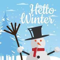 Hello Winter snowman character vector background design