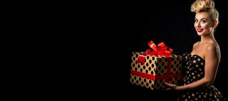 AI generated Nice looking smiling woman with gift box on black background banner. Generate ai photo
