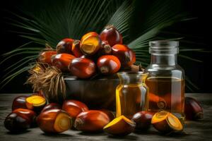 AI generated Palm oil bottles with ripe nuts. Generate ai photo