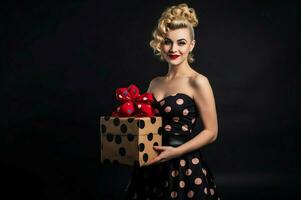 AI generated Nice looking smiling woman with gift box on dark background. Generate ai photo