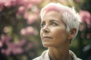 ai generado más viejo mujer con rosado pelo jardín retrato. generar ai foto