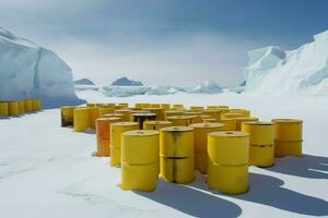 AI generated Radioactive waste yellow containers in Antarctica. Generate ai photo