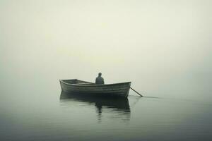 AI generated Moody Man boat foggy. Generate Ai photo