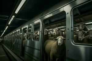 AI generated Sheep crammed subway. Generate ai photo