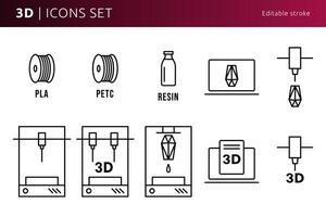 3d printer icons designed in line art style can be used for web and print, editable stroke vector