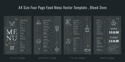 Restaurant cafe menu, template design, A4 size four page food menu template, bleed 3mm vector