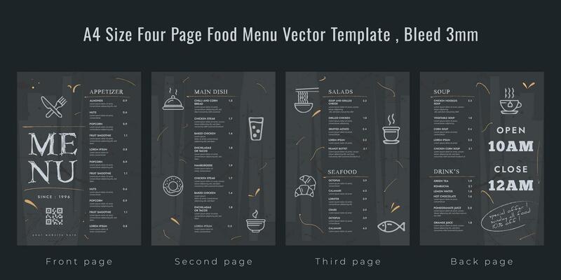 Restaurant cafe menu, template design, A4 size four page food menu template, bleed 3mm