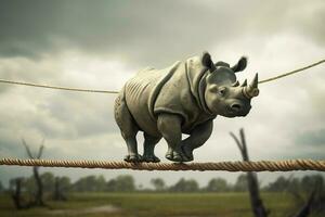 AI generated Rhinoceros strolling tightrope. Generate AI photo