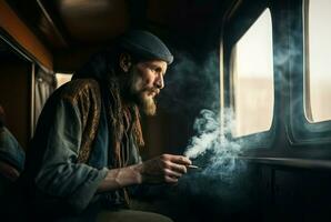 ai generado de fumar hombre en tren transporte. generar ai foto
