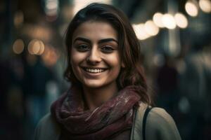 ai generado sonriente vendedora en ciudad calle. generar ai foto