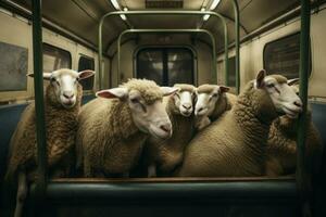 AI generated Sheep crowded subway. Generate ai photo