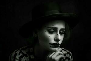 ai generado triste payaso negro y blanco maquillaje mujer. generar ai foto