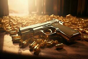 AI generated Pistol weapon laying on gold pieces. Generate ai photo