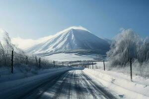 AI generated Snowy road with mountain view. Generate ai photo