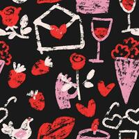 Valentine s day Holiday seamless background with romantic elements in Doodle style crayon sketch art. Rough textured pattern on black background with Charcoal pastel freehand drawing. Vector