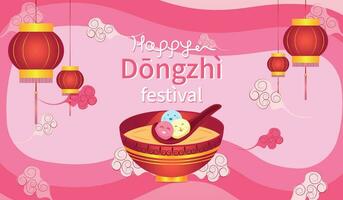 Flat background for the Chinese Dongzhi festival with a bowl of tang yuan and Chinese lanterns vector